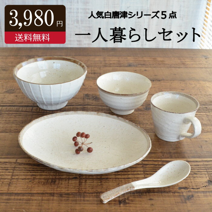 白唐津5点セット 陶器 セット シンプル お茶碗 どんぶり パスタ皿 食器 うつわ おしゃれ かわいい かっこいい 人気 お買い得 日本製 国産 美濃焼 プレゼント カクニ KAKUNI 引っ越し 入学祝い 転勤