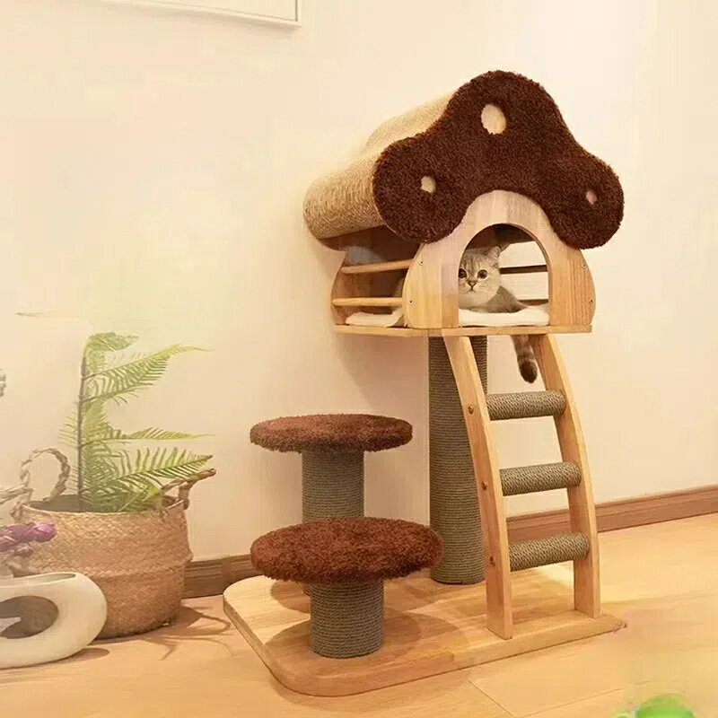 【お得なクーポン有り】【天然木使用】コンパクト猫ツリー＆ハウス一体型 省スペース設計 マンチカン対応 おしゃれツリーハウス付き 小型猫用キャットタワー