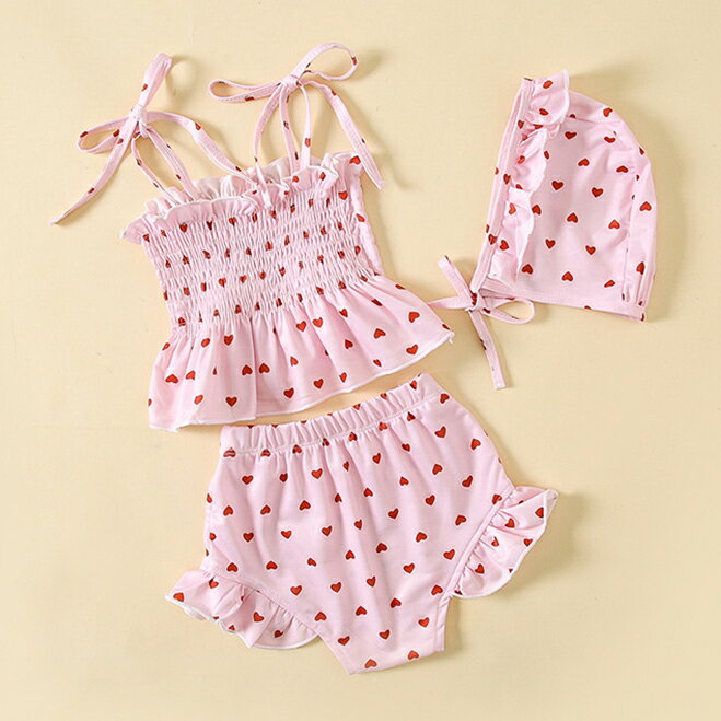 送料無料 ベビー水着 女の子 セパレーツ ピンク ハート柄 キャミソールタイプ セパレートタイプ フリル ガールズ水着 3点セット 赤ちゃん水着 女の子 水着 女児 子供 スイムキャップ 楽天海外通販