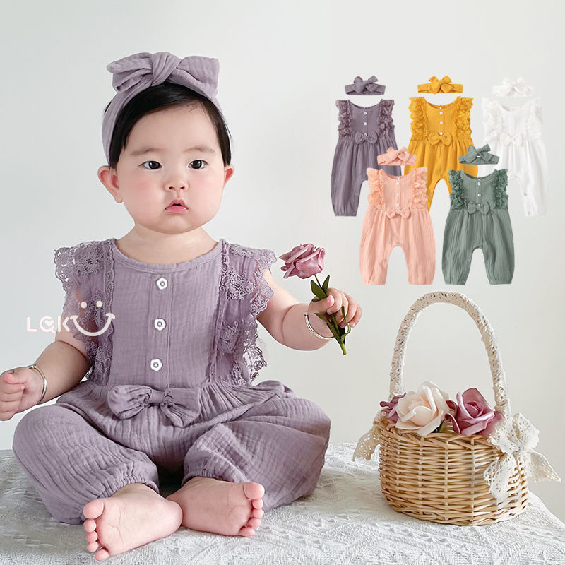 Rakuten - 送料無料 ロンパース ベビー服 ヘアバンド付き ロングズボン レース付き ガーゼ ベビーパジャマ ノースリーブ タンクトップ式 女の子 カバーオール キッズ服 子供服 新生児 赤ちゃん 可愛い かわいい 夏服 肌着 赤ちゃん 楽天海外通販