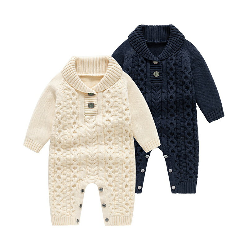 送料無料 秋冬新作 ベビーロンパース ベビーオールインワン 長袖 ケーブルニット ハイネック 男女兼用 ..