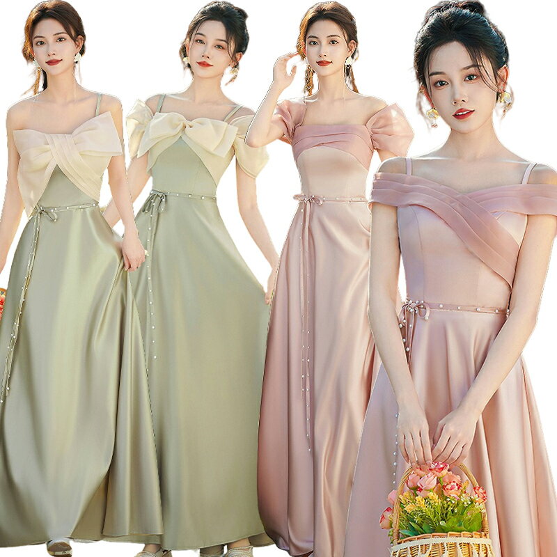 送料無料 ブライズメイド ドレス チュール グリーン系 ピンク系 サテン パール付き フォーマルドレス ロング丈 オフショルダー インフィニティ パーティードレス Aライン フレア 結婚式 ワンピース マキシ丈 二次会 演奏会 記念日 ダンス衣装 楽天海外通販
