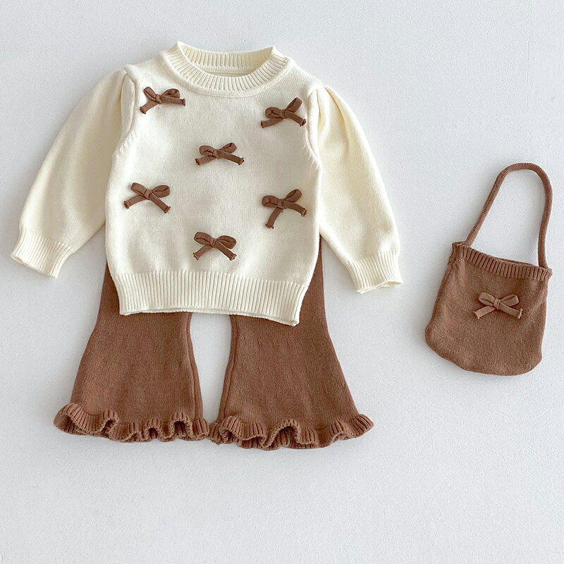 送料無料 ベビー セーター フレアパンツ バッグ ベビー セットアップ 3点セット 丸首 リボン 女の子 コ..
