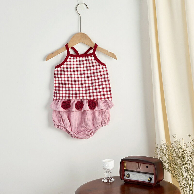 送料無料 ベビー服 上下セット 夏用 ノースリップ タンクトップ式 キャミソールタイプ セットアップ チェック柄 ブルマパンツ 涼しい 薄手 女の子 赤ちゃん ベビー用パジャマ 寝冷え防止 着心地良い 冷房対策 楽天海外通販