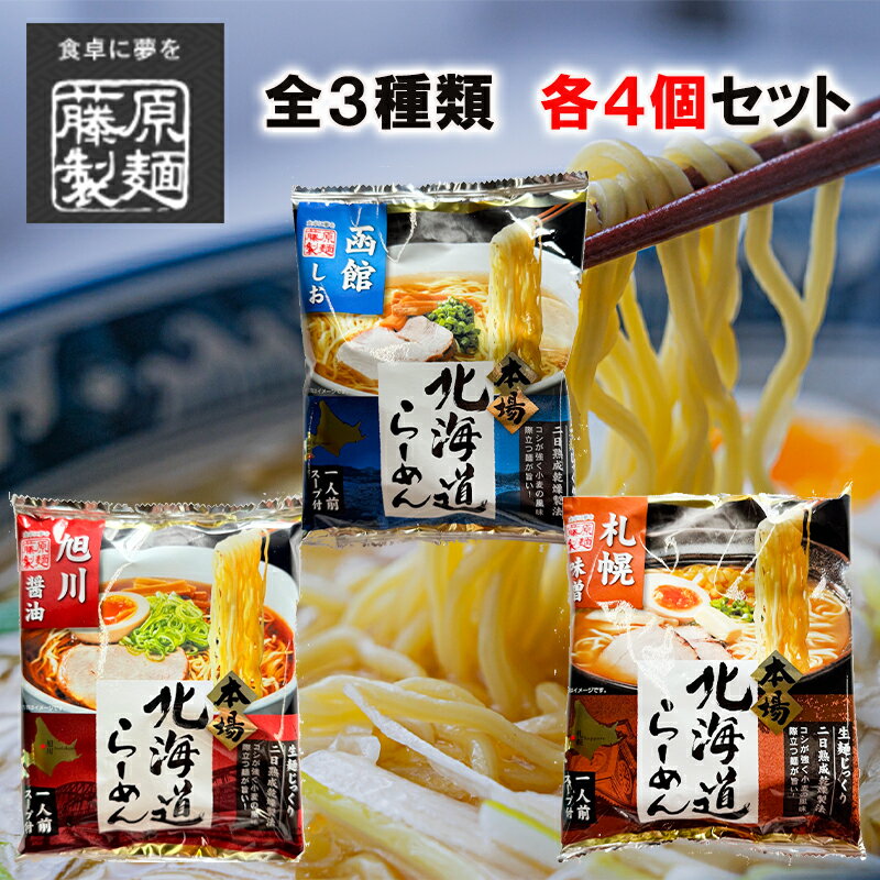 Dried Noodles - 藤原製麺 本場北海道ラーメン 袋麺 全3種類各4個ずつ（旭川 醤油/札幌 味噌/函館 しお）