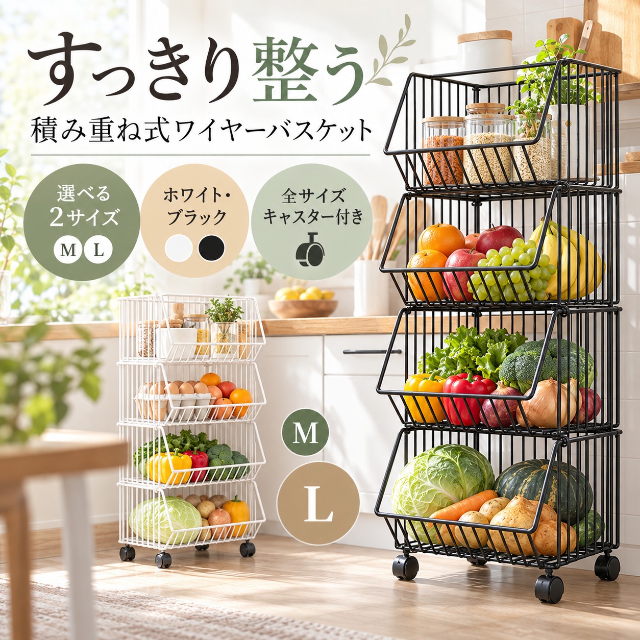 バスケットワゴン キャスター付き 収納ワゴン 野菜ストッカー キッチンワゴン 大容量 かご バスケット 収納ラック キッチン リビング ランドリー 脱衣所 パントリー クローゼット 通気性 スリム コンパクト シンプル