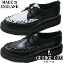 ■商品説明 ジョージコックス GEORGE　COX メンズ レディース ラバーソール 601(BLACK/WHITE)040(BLACK)ジョージコックス社は、1906年、創業者ジョージ・ジェイムス・コックスによってイギリスノーザンプトンに設立されました。名立たるパンクスやロックミュージシャン、デザイナー達に愛用されながら、様々な時代背景のなかでカルチャーを彩ったヒストリカルなブランド、George Cox（ジョージコックス）は、今もなお、若者の心を魅了して離しません。GEORGE COX(ジョージコックス)のラバーソールといえばこの分厚いクレープソール。分厚いソールは、他の靴には無いインパクトと、独特な重量感があります。ソールの高さ：約3cm【検索用キーワード】24cm 24.0cm 25cm 25.0cm 26cm 26.0cm 27cm 27.0cm 28cm 28.0cm24センチ 24.0センチ 25センチ 25.0センチ26センチ 26.0センチ 27センチ 27.0センチ 28センチ 28.0センチ24cm 24．0cm 25cm 25．0cm 26cm 26．0cm 27cm 27．0cm 28cm 28．0cm24センチ 24．0センチ 25センチ 25．0センチ 26センチ 26．0センチ27センチ 27．0センチ 28センチ 28．0センチタウンユース 街履き ギフト プレゼント 贈り物 誕生日 バースデー クリスマス バレンタイン ホワイトデー紐靴 ひも靴 パンク パンキッシュ ホワイト シロ 白 クロ ブラック 黒 お出掛け英国製 ブリティッシュロック Dリング D環 クリーパーズ ■サイズ選びにお悩みの方　サイズ目安 こちらの靴の場合 　UK8(27.0cm)が丁度いいサイズでした。 ■サイズ目安について■ 目安として当店スタッフが着用した感じでの値です。 足のサイズが同じでも、骨格や肉付きで 最適な靴サイズが異なったり、『丁度良い』と感じるサイズに 個人差があるためあくまでも目安としてご利用ください。 ■素材 アッパー：スムースレザー ソール：ラバーソール ■商品カテゴリ GEORGE　COX　ジョージコックス はこちら メンズ カジュアル はこちら レディース 厚底 はこちら メーカー希望小売価格はメーカーカタログに基づいて掲載しています QQHBB　　「HU」ジョージコックス GEORGE　COX ジョージコックス社は、1906年、創業者ジョージ・ジェイムス・コックスによって イギリスノーザンプトンに設立されました。 名立たるパンクスやロックミュージシャン、デザイナー達に愛用されながら、 様々な時代背景のなかでカルチャーを彩ったヒストリカルなブランド、 George Cox（ジョージコックス）は、今もなお、若者の心を魅了して離しません。 GEORGE COX(ジョージコックス)のラバーソールといえばこの分厚いクレープソール。 分厚いソールは、他の靴には無いインパクトと、独特な重量感があります。 ■商品カテゴリ GEORGE　COX　ジョージコックス はこちら メンズ カジュアル はこちら レディース 厚底 はこちら