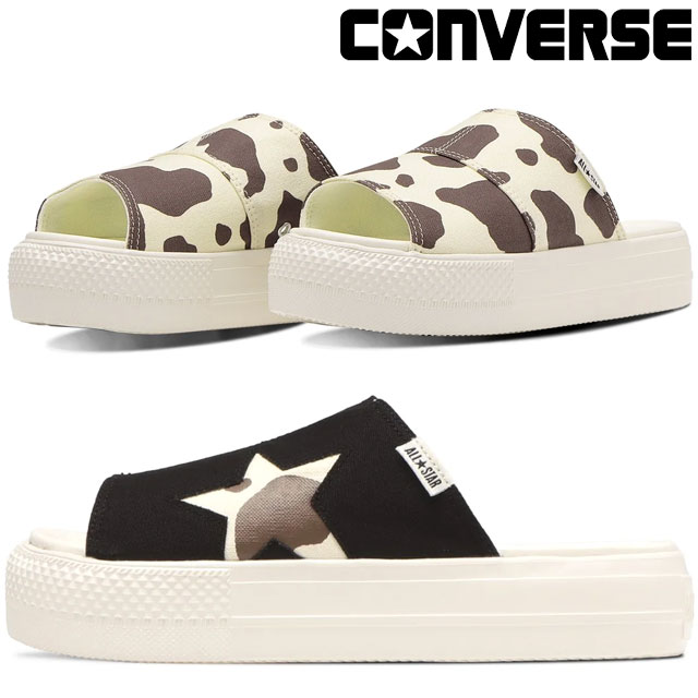 ■商品説明 コンバース CONVERSE レディース スライドサンダル BLACK(31308341)OFF.WHITE(31308340)サンダル仕様のオールスター。厚みのあるソールとキャッチーなカウ柄がポイントのアイテム。オフホワイトはカウ柄のプリントをアッパー全体に採用し、ブラックはカウ柄の星をアクセント使いしたデザイン。ダブルのステッチング、ALL★STARのピスネームをディテールに採用。インジェクションE.V.A.ソールと足なりに沿った圧縮E.V.A.フットベッドの二層構造により、厚底ながらも軽量でクッション性に優れる仕様。ソールの高さ：約4cm【検索用キーワード】22cm 22.0cm 23cm 23.0cm 24cm 24.0cm 25cm 25.0cm22センチ 22.0センチ 23センチ 23.0センチ 24センチ 24.0センチ 25センチ 25.0センチ22cm 22．0cm 23cm 23．0cm 24cm 24．0cm 25cm 25．0cm22センチ 22．0センチ 23センチ 23．0センチ 24センチ 24．0センチ 25センチ 25．0センチデイリーユース タウンユース 街履き ストリート 誕生日 バースデー 母の日 クリスマス 厚底 上げ底プレゼント ギフト 贈り物 お出掛け かかとなし 星 スターミュールサンダル サボサンダル クロッグサンダル 美脚 スタイルアップ つっかけ白 シロ ベージュ 黒 クロ 前開き シャワーサンダル シャワサン 牛柄 ホルスタイン柄 ■サイズ選びにお悩みの方　サイズ目安 こちらの靴の場合 　いつもよりワンサイズ小さめの23.0cm(US4)が丁度いいサイズでした。 ■サイズ目安について■ 目安として当店スタッフが着用した感じでの値です。 足のサイズが同じでも、骨格や肉付きで 最適な靴サイズが異なったり、『丁度良い』と感じるサイズに 個人差があるためあくまでも目安としてご利用ください。 ■素材 アッパー：キャンバス ミッドソール:圧縮E.V.A. アウトソール：インジェクションE.V.A. ■商品カテゴリ converse　コンバース はこちら レディース 厚底 はこちら レディース サンダル＆ミュール 厚底サンダル はこちら メーカー希望小売価格はメーカーサイトに基づいて掲載しています QQED　　「TM」コンバース CONVERSE サンダル仕様のオールスター。厚みのあるソールとキャッチーなカウ柄がポイントのアイテム。オフホワイトはカウ柄のプリントをアッパー全体に採用し、ブラックはカウ柄の星をアクセント使いしたデザイン。ダブルのステッチング、ALL★STARのピスネームをディテールに採用。インジェクションE.V.A.ソールと足なりに沿った圧縮E.V.A.フットベッドの二層構造により、厚底ながらも軽量でクッション性に優れる仕様。 ■商品カテゴリ converse　コンバース はこちら レディース 厚底 はこちら レディース サンダル＆ミュール 厚底サンダル はこちら