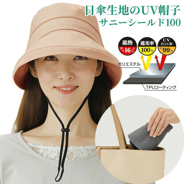 Rakuten - 日傘帽子 −16℃遮熱 遮光 サニーシールド100 アッシュグレー ベージュ UVカット帽子 遮熱帽子 日よけ帽子 日傘の生地で作った帽子 一級遮光 uv 帽子 小顔効果 紫外線対策 紫外線カット レディース 小顔 UVカット フェイスカバー 日焼け対策 首 顔