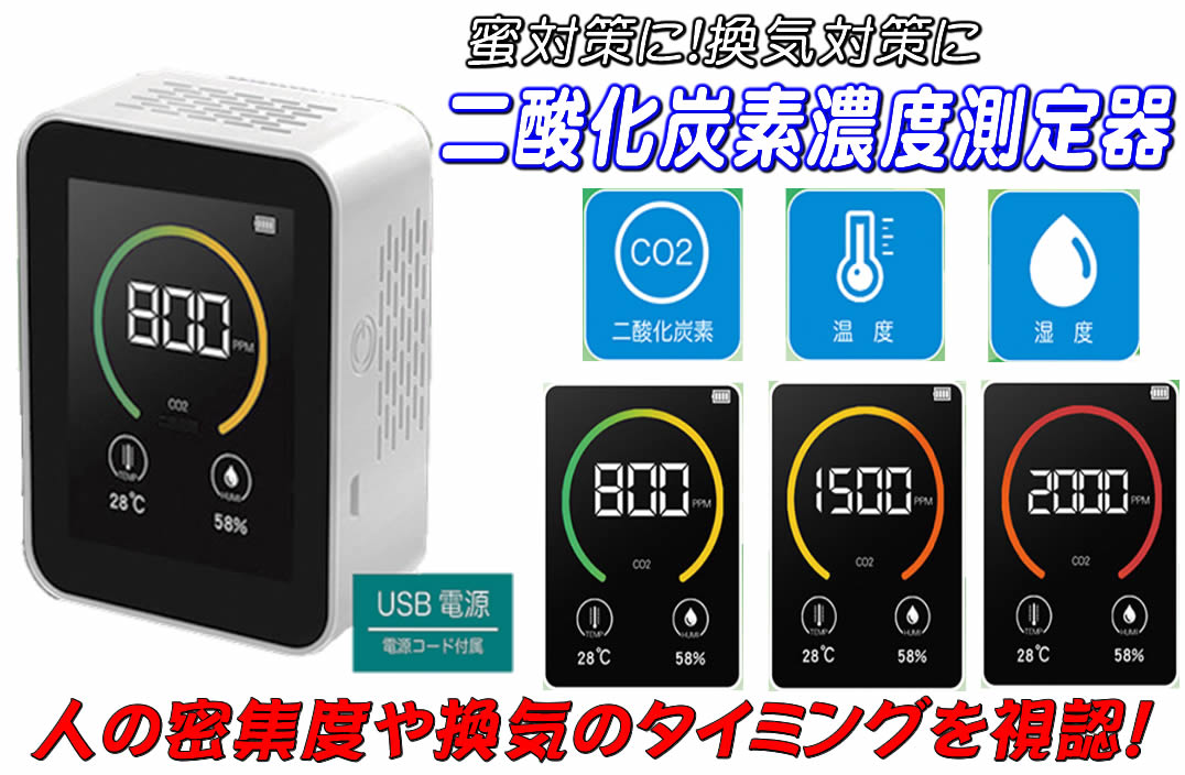 蜜対策！換気対策に！色でお知らせ「Co2センサー(CO2測定器）」コンパクト二酸化炭素濃度計/温度計 ...