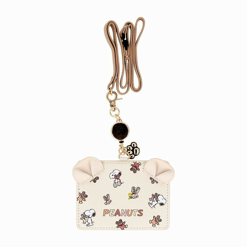 スヌーピーPEANUTS(ブラウン)Snoopy & CuddlyBearsリール付カードホルダー（クマ耳型首下げ名札・IC/ID..