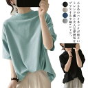 Tシャツ プチハイネック ゆったり 夏 半袖 トップス レディース トップス モックネック 体型カバー カットソー ゆる 送料無料 夏 半袖Tシャツ ドロップショルダー ティーシャツ ティシャツ 無地 おしゃれ カットソー