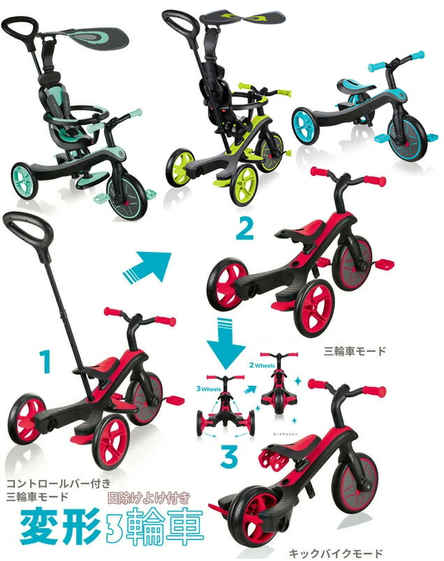 お子様の成長に合わせて変形する3輪車舵取り棒で押しながら三輪車を操縦可能バランスバイク 日除け付き手押し棒付き三輪車シックにまとめたユーロデザインレッド ミントグリーン2輪車キックバイク ブラックエメラルドブルー ライムグリーン