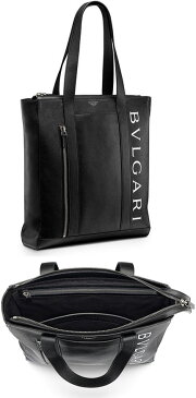 BVLGARI ブルガリフロントファスナーポケット付き縦長トートバッグブラックグレインカーフレザー ホワイトロゴウルトラブラックルテニウムプレートブラスかばん カバン 鞄 BAG バック