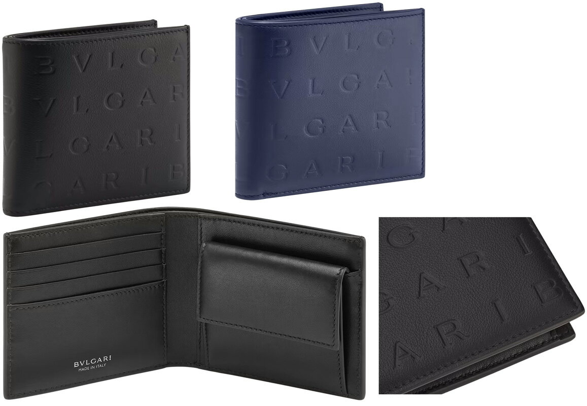 BVLGARI ブルガリ小銭入れ付き2つ折り財布ブラック ネイビーブルー型押しカーフブルガリロゴ二つ折り財布 インフィニートゥムパターンカーフレザー×ナッパレザー ホットスタンピングエンボスロゴコンパクトウォレット さいふ サイフ 財布