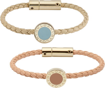 BVLGARI ブルガリロゴ刻印プレート 編込みカーフレザーブレスレットアイボリー ピンクグレイビングロゴラウンドプレートエナメルインサートプレート BULGARIダブルロゴAccessory Jewellery Bracelet