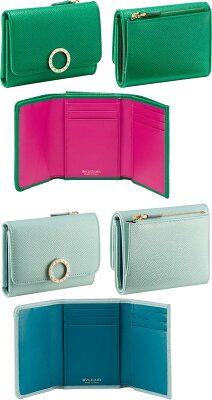 BVLGARI レディース 三つ折り財布ブルガリブルガリ コンパクトウォレットクリップロゴリング 3折り財布ブルーグリーン グリーン ライトブルー ピンクベージュブラック ゴールド グレインカーフレザー×ナッパロゴ刻印クロージャークリップ