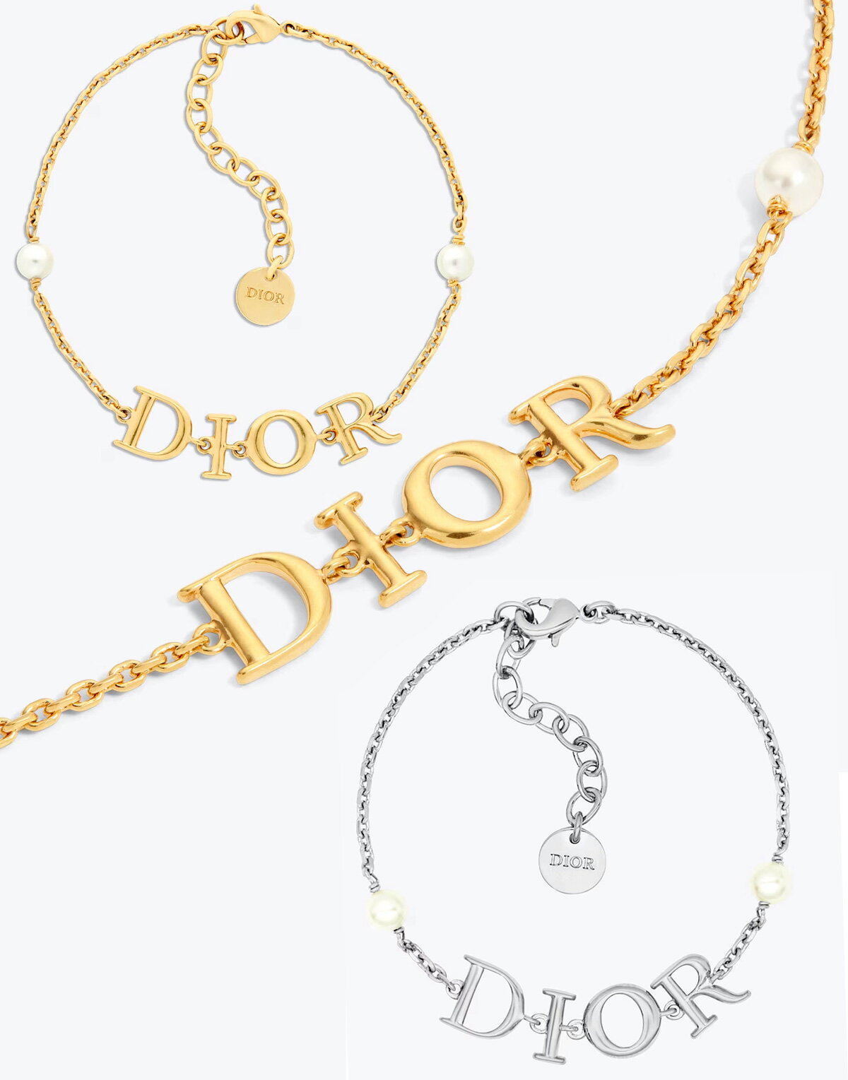 Christian Dior レディースクリスチャンディオールD.I.O.R.レタリングロゴシルバー ゴールドチェーンブレスレットホワイトレジンパール サイズ調整可能ディオレボリューションメタルチェーンDIOREVOLUTION BRACELET PEARLWHITEGOLDD301GDD009SL