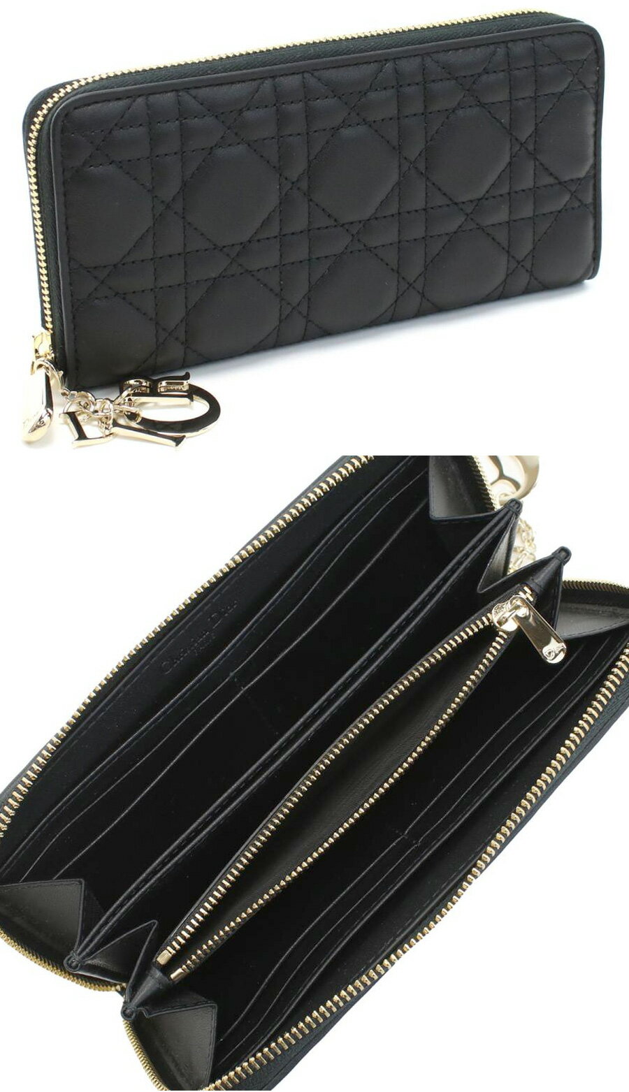 Christian Dior クリスチャン ディオール レディース小銭入れ付きラウンドファスナー長財布カナージュステッチラムスキンレザーブラック クラウドブルー タンブラウンシグネチャーチャームロゴプレートコンテンポラリーステッチ900BKM81BBL53UBR