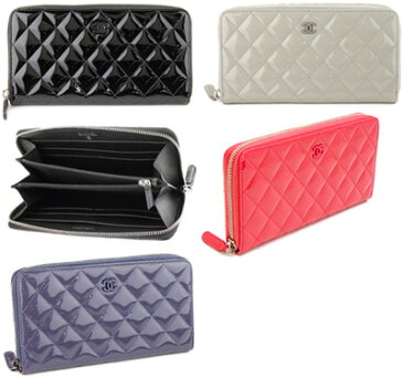 CHANEL WALLET　カラーCCシャネル　ラウンドファスナー長財布ジップ　マトラッセラインパテントレザー　グレー コーラルピンク　ブラック　ラベンダーパープル エメラルドグリーンA50097　エナメルコーティングレザーキルティング　ココマーク