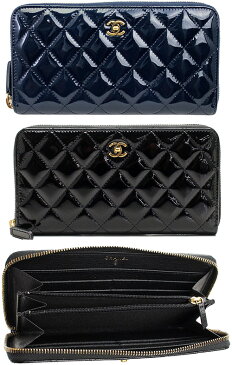 CHANEL シャネル小銭入れ付きラウンドファスナー長財布パテントカーフレザー CCマークブラック　ダークネイビーブルーアンティークゴールド金具 ココマークヴェルニカーフレザーマトラッセエナメル ZIP ROUND WALLET