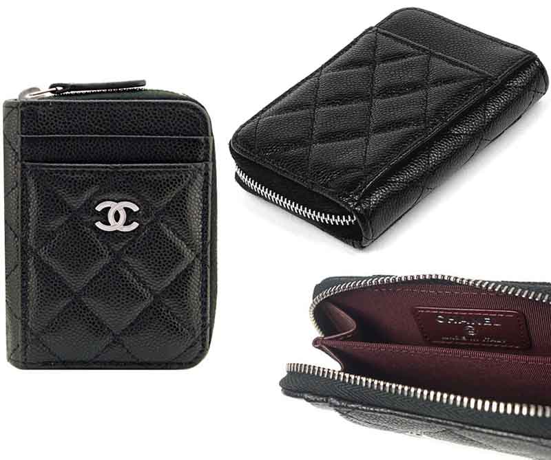 シャネル コインケース CHANEL シャネルラウンドファスナーコインケースブラック ピンク キャビアスキンレザークレジットカードケース CCロゴプレート コンパクトウォレット小銭入れ ミニ財布 マトラッセステッチCARDCASEMATELASSE