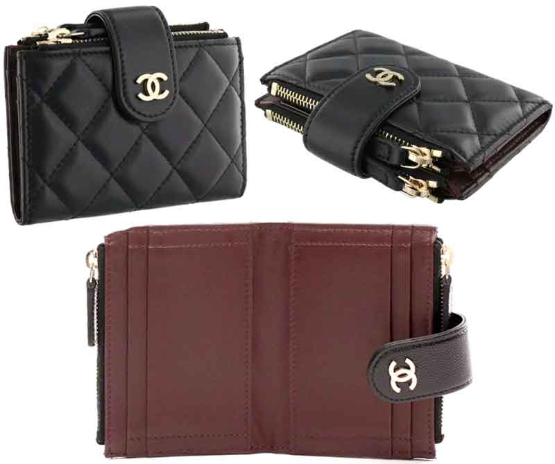 シャネル 二つ折り財布 レディース CHANEL シャネルWファスナーコインケース 小銭入れ付きつ折り財布ブラックラムスキンレザーココマーク クラシック ゴールド金具ダブルジップ カードケース二つ折り財布 C3906BKGDベルトホック コンパクトウォレット