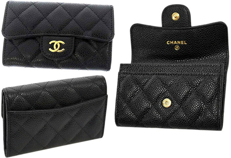 シャネル カードケース・名刺入れ CHANEL シャネル名刺入れ 小銭入れクレジットカードケース CCロゴキャビアスキンレザー CCマーク コインケース型押しカーフ コンパクトウォレット ゴールド金具C3906BKGD