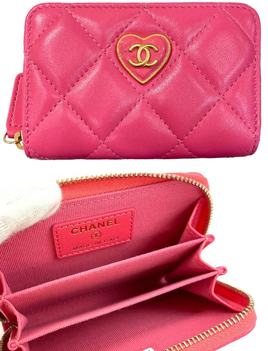 シャネル 長財布 レディース CHANEL シャネル レディースラウンドファスナーコインケースゴールドCCハートプレートステッチ ゴールドCCロゴ 小銭入れ 財布ピンク ラムスキンレザー ミニ財布 ホワイトジップコインパースキルティングステッチSTITCH ココマーク ジップウォレット