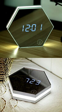 寝室のナイトライトとしても使えるガラス鏡面に浮かぶ時刻デジタルブルーLEDアラウンドLEDミラークロックオクタゴン掛け時計 ウォールクロックデスククロック 置き時計 兼用LED照明付き化粧平面鏡