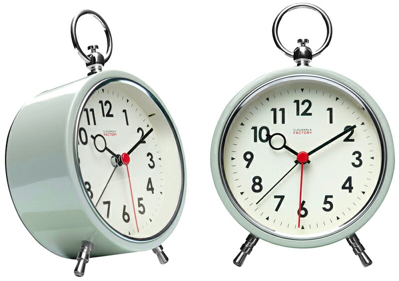 レトロモダンデザインオンザフックリング 目覚まし時計ホワイト×ミントグリーンちょこんと脚が支えたデ..