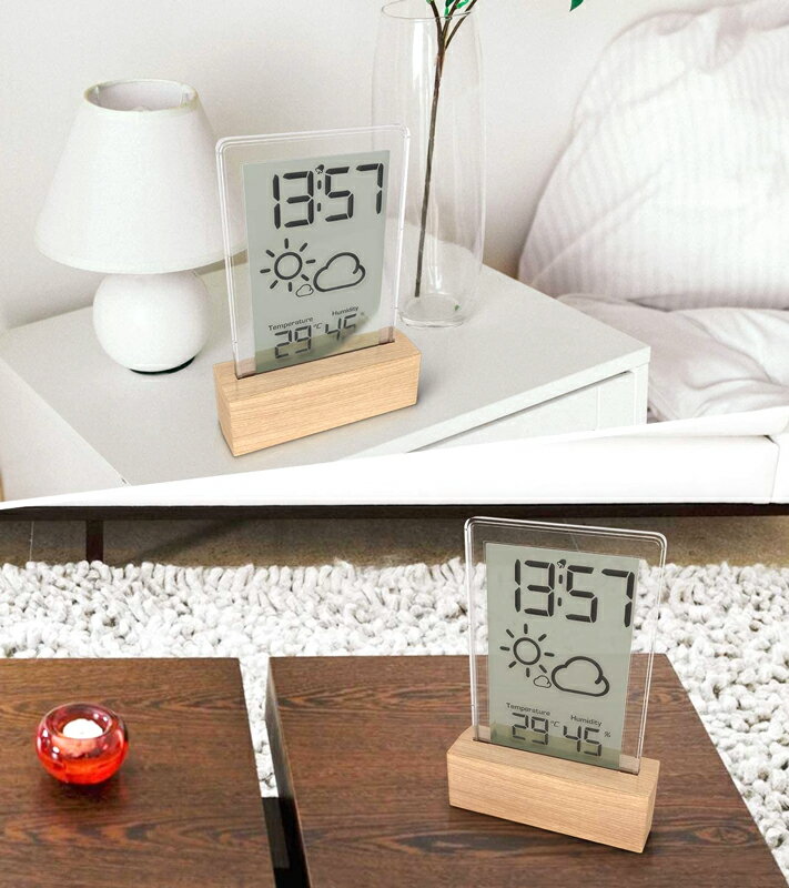 スヌーズ機能付き目覚まし時計デジタル表示アラームクック室内温湿測定 天気予報機能室内湿度&温度表示 ベル 置き時計 木目ベース×半透明フルディスプレイスクリーンナチュラル×ホワイトウッドカラーベース [2]