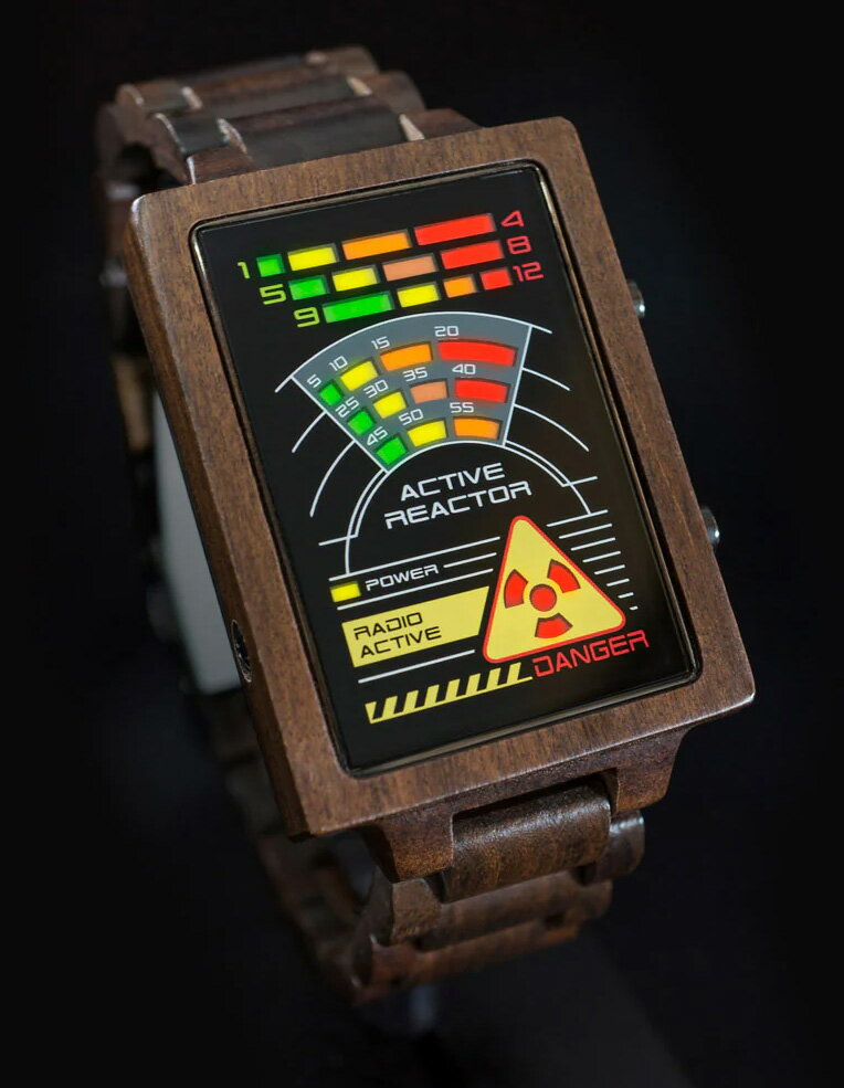 未来系LED腕時計 メンズウォッチスクエアブラックフェイスマルチカラーLEDシルバーステンレスベルト木..