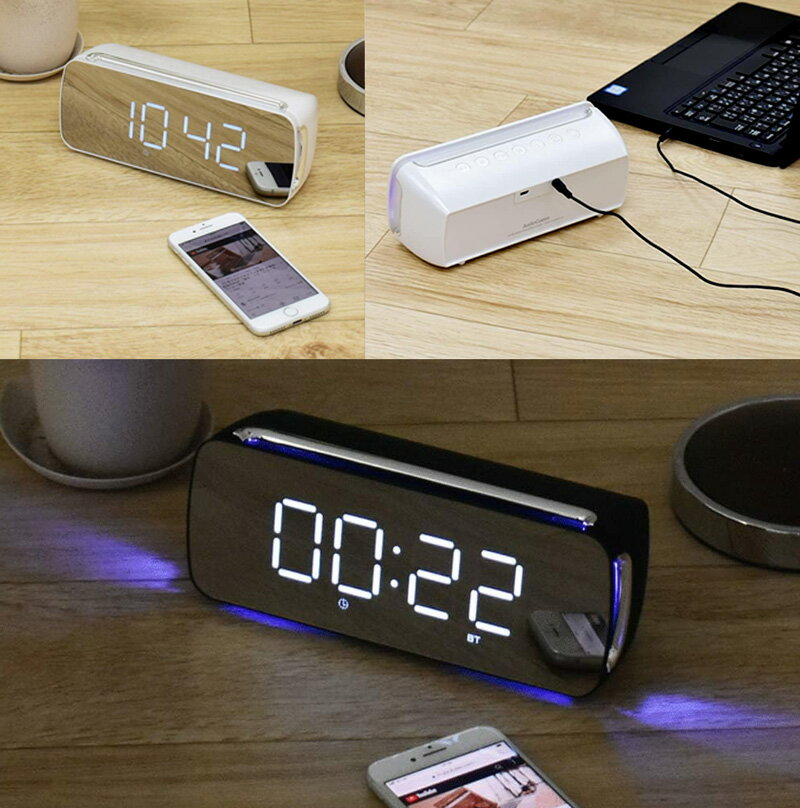 ワイドFM対応LEDアラームクロック 目覚まし時計スマホの音楽も聴けるBluttooth搭載ワイヤレススピーカー暗闇でも見えるスヌーズ機能付きめざまし時計イルミネーションクロック ブラック ホワイトデジタルデスククロック ミラーディスプレイ置き時計 [2]
