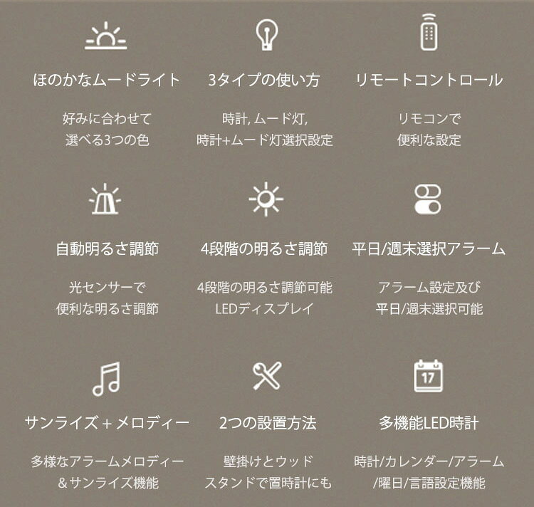 太陽の日差しで目を覚ませるようなアラームクロック文字盤から浮かび上がる時刻 壁掛け時計 置き時計目覚まし時計 暗闇でもはっきり時間が確認できるホワイトLEDラウンドウォールクロック グレージュカレンダーデジタルディスプレイ 月日 曜日表示 置掛兼用 [3]