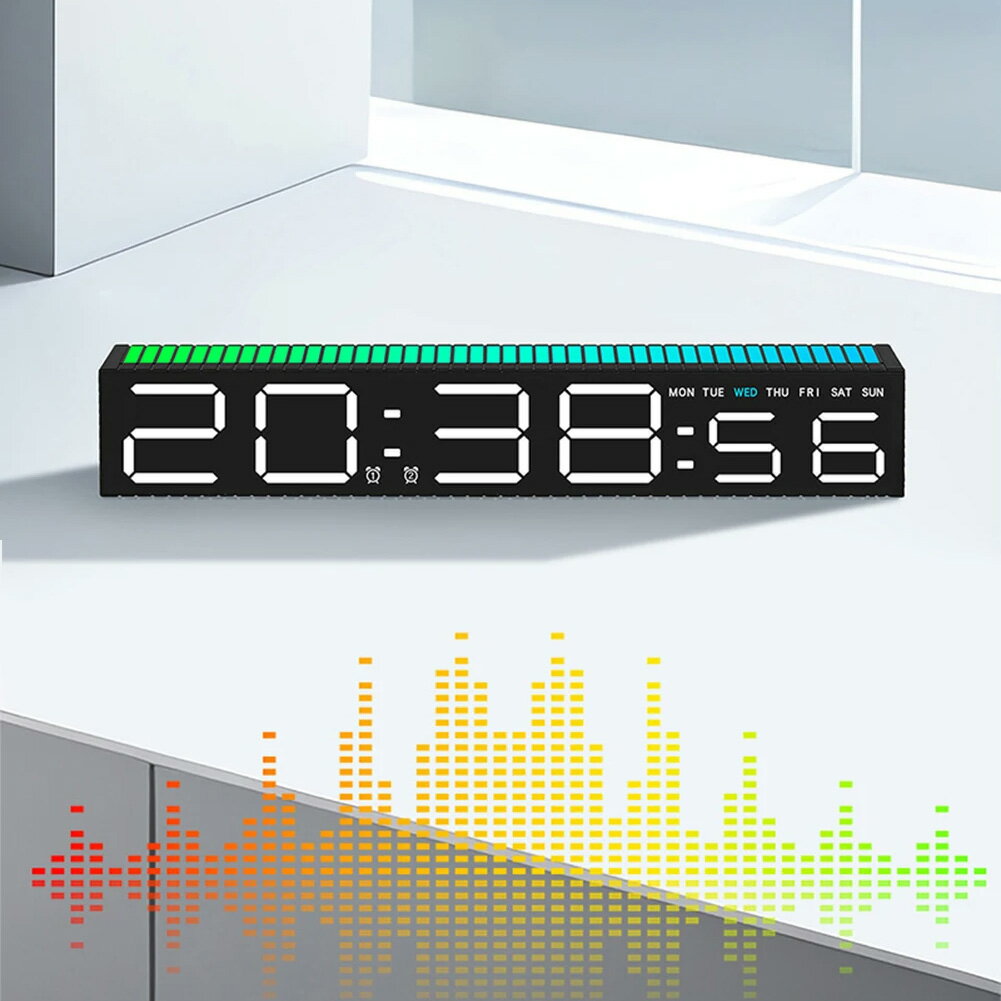 お部屋に流れるミュージックに合わせて天面のLEDインジゲーターが跳ねるデジタルサウンドセンサー搭載LEDアラームクロックダイナミックバー目覚まし時計 時刻&曜日表示 日付け表示ブラック カラフルグラデーション 置き時計