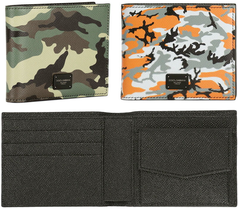 DOLCE&GABBANA D&Gドルチェ&ガッバーナ イタリア製メンズ小銭入れ付き2つ折り財布迷彩オリーブ×グリーン ホワイト×グレー×オレンジブラックロゴプレート カーフレザースキンカモフラージュ エナメルコーティングロゴ二つ折り財布HHK26KHHH3KDGY