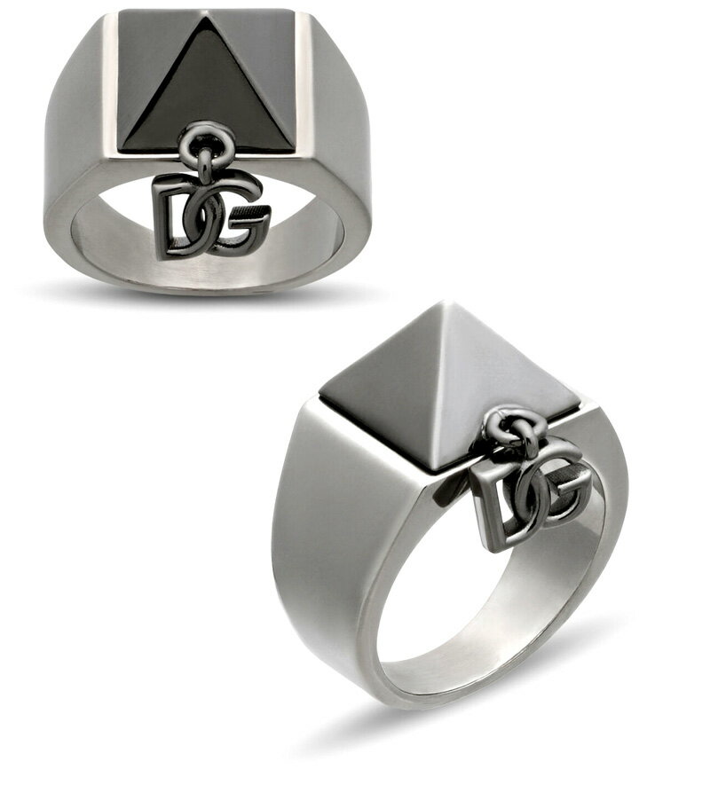 ドルガバ 指輪 DOLCE&GABBANA D&G 指輪ドルチェ＆ガッバーナ スイングDGロゴ ピラミッドリング ガンメタブラック×シルバーリングロゴ刻印スクエアツートーンメタルスタッズメンズリングドルガバ イタリア製ジュエリー指元のアクセントに Jewelry Ring 87562SLGUN