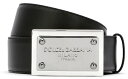 DOLCE&GABBANA ドルチェ&ガッバーナメンズ カーフスキンレザーベルト ブラックロゴ刻印ルテニウムガンメタ×シルバースクエアプレートバックル牛革 ドル...
