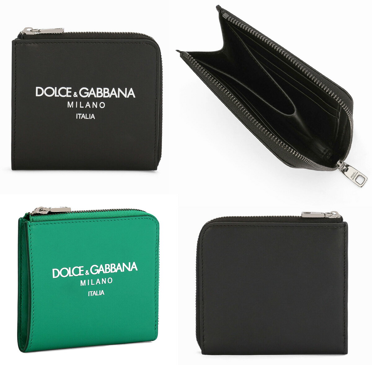 ドルチェ&ガッバーナ DOLCE&GABBANA D&G ドルチェ＆ガッバーナメンズ L字ファスナー小銭入れ付きカードケースブラック グリーン コインケース ロゴ刻印スライダープルレリーフロゴ カードホルダー カーフスキンレザードルガバ ホワイトミラノロゴプレートHNII7BKHVII7GN