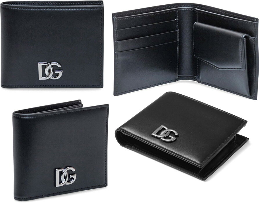 Ｄ＆Ｇ 二つ折り財布（メンズ） D&G DOLCE&GABBANAドルチェ＆ガッバーナ ドルガバメンズ 小銭入れ付き二つ折財布シルバーメタルDGクロスドロゴプレート2つ折り財布 DGロゴプレートブラックカーフスキンレザー 80999BKナッパカーフスキン仕立て