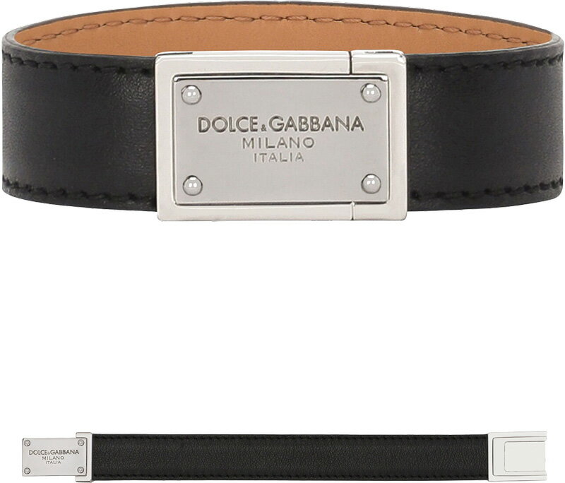 DOLCE&GABBANA D&Gドルチェ＆ガッバーナ ドルガバ メンズ レディース レザーブレスレット ジュエリー4ポイントロゴ刻印スクエアプレートブラックカーフレザーベルト ブレスガンメタシルバーメタルJewelry Bracelet 80999BK 男女兼用