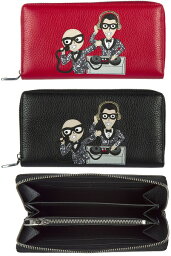 Ｄ＆Ｇ 長財布（メンズ） DOLCE＆GABBANA D&Gドルチェ＆ガッバーナ ドルガバメンズ小銭入れ付きラウンドファスナー長財布眼鏡をかけた男性2人 DJブース型押し牛革 ブラックレザーロングジップウォレットデザイナーズパッチ 80999BK80303RE