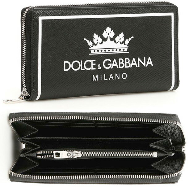 ドルガバ 財布（レディース） DOLCE&GABBANA D&G小銭入れ付きラウンドファスナー長財布ブラックドーフィンカーフレザー王冠＆ミラノホワイトロゴホワイトラインドルチェ＆ガッバーナ ドルガバZIP WALLET CROWN＆MILANO HNR18BK