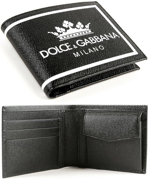 ドルガバ 財布（レディース） DOLCE&GABBANA D&Gドルチェ＆ガッバーナ ドルガバメンズ 小銭入れ付き二つ折り財布ホワイトクラウン＆ミラノロゴ2つ折り財布 ビルフォールドウォレット ドーフィンカーフレザーホワイトライン 王冠CROWN＆MILANOLOGOHNR18BK BILLFOLD COIN WALLET