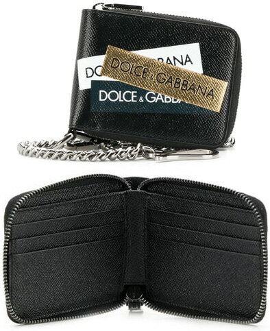 DOLCE＆GABBANA D&Gドルチェ＆ガッバーナウォレットチェーン付きラウンドファスナー折り財布メンズ 札入れ付き二つ折り財布ホワイト ゴールド ブラックロゴプリント ドーフィンカーフレザードルガバ ラウンドジップ 8V038BK