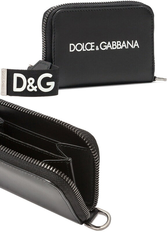 DOLCE&GABBANA D&Gドルチェ＆ガッバーナラウンドファスナーコインケースシンプルホワイトロゴ取り外し可能ロゴネックストラップ小銭入れ カードケースブラックカーフレザードルガバ ディー＆ジーCOIN CASE HNI43BK NECKSTRAP