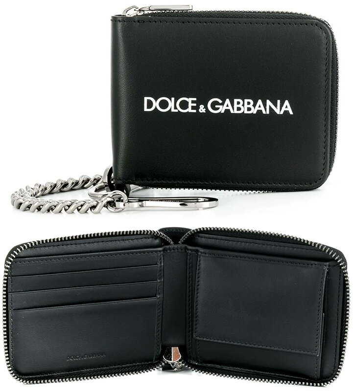 ドルチェ＆ガッバーナ 財布（メンズ） DOLCE&GABBANA D&Gドルチェ＆ガッバーナウォレットチェーン付き二つ折り財布 スムースブラックドルガバ メンズ ホワイトロゴ小銭入れ付き二つ折り財布エンボスロゴ 2つ折り財布ディー＆ジー ウォレット サイフカラビナフック 80999 NERO