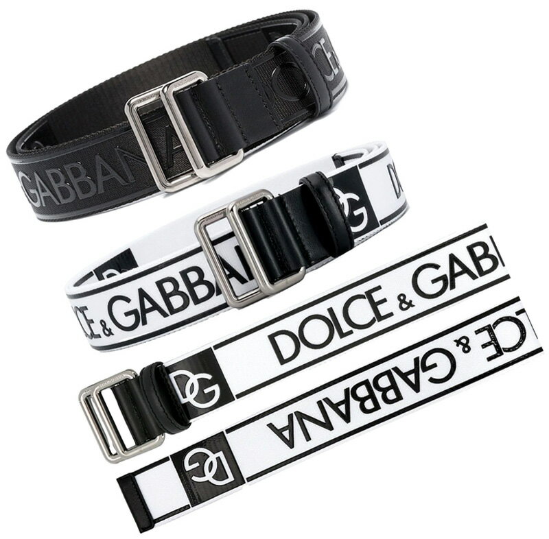 Ｄ＆Ｇ ベルト（メンズ） DOLCE＆GABBANAドルチェ＆ガッバーナロゴベルトブラック ホワイト BELT ドルガバ D&Gスクエアダブルリングバックル留めシルバートーン金具 メンズレザートリム