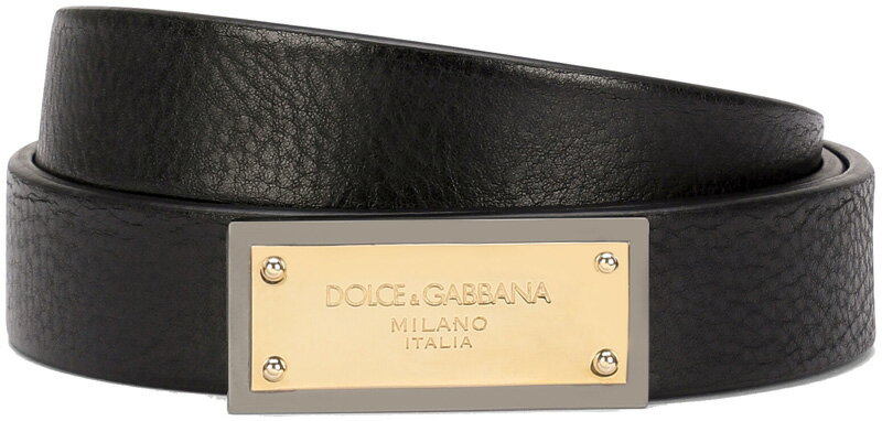 Ｄ＆Ｇ ベルト（メンズ） DOLCE&GABBANA D&Gドルチェ＆ガッバーナイタリア製メンズブラックレザーベルトゴールドスクエアプレートバックルドルガバ リベット打ちプレートロゴバックルロゴ刻印 型押し ゴールド×ガンメタディーアンドジー 80999BK